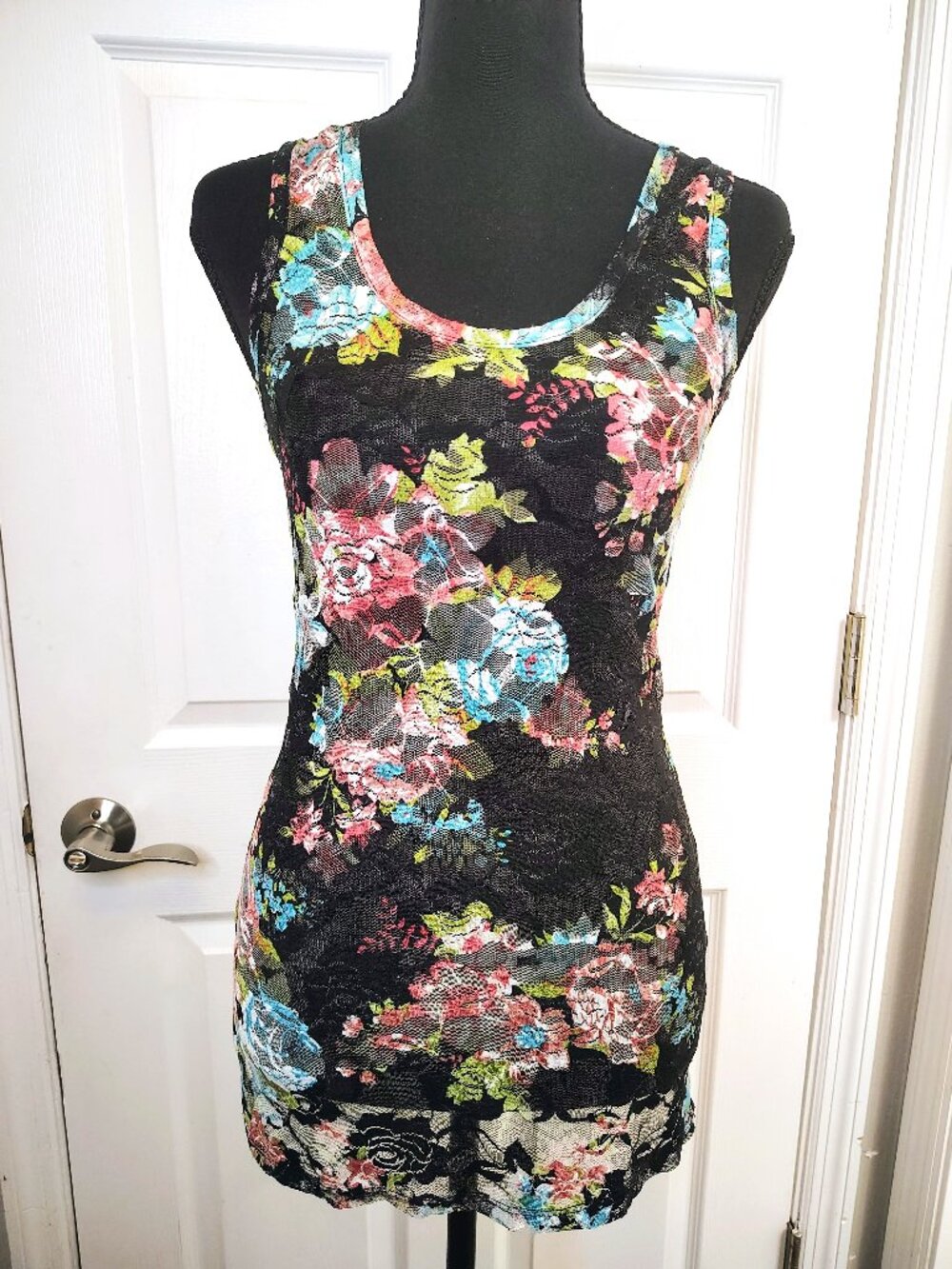 Body Central Y2K Sheer Floral Lace Tank Top Black Multi Whimsygoth Fairy Small